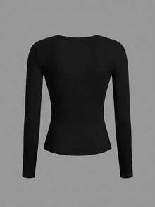 Tseoso Bộ 2 áo thun dài tay cổ tròn, dáng ôm, màu đen, chất liệu 95% cotton, thích hợp cho nữ, phù hợp cho mùa thu/đông. - màu đen - Xem 7