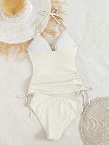 Swim Chiccia Women's Black Metal Jewelry V-Neck Wrinkle Drawstring Fashionable And Elegant Ladies Tankini, Suitable For Beach Music Festival Spring/Summer - Beige - View 2