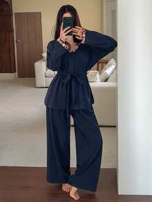 DAZY Women's Floral Embroidery Trim Sleepwear Set, Autumn/Winter - Navy Blue - View 3
