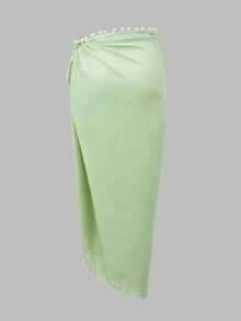 Swim Oasis 26SS 女士春夏沙滩套装，三件套泳衣，优雅性感社交名媛复古波西米亚风，饰有流苏，精致流苏配饰，系带比基尼套装搭配裹身网纱裙，高端套装，牛油果绿，性感奢华，优雅知性，适合沙滩、度假、派对、日常穿着 - 薄荷綠 - 查看 9