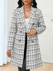 SHEIN Lady 大码秋冬优雅通勤办公白色格子针织翻领纽扣长袖外套 春假 - 白色 - 查看 1