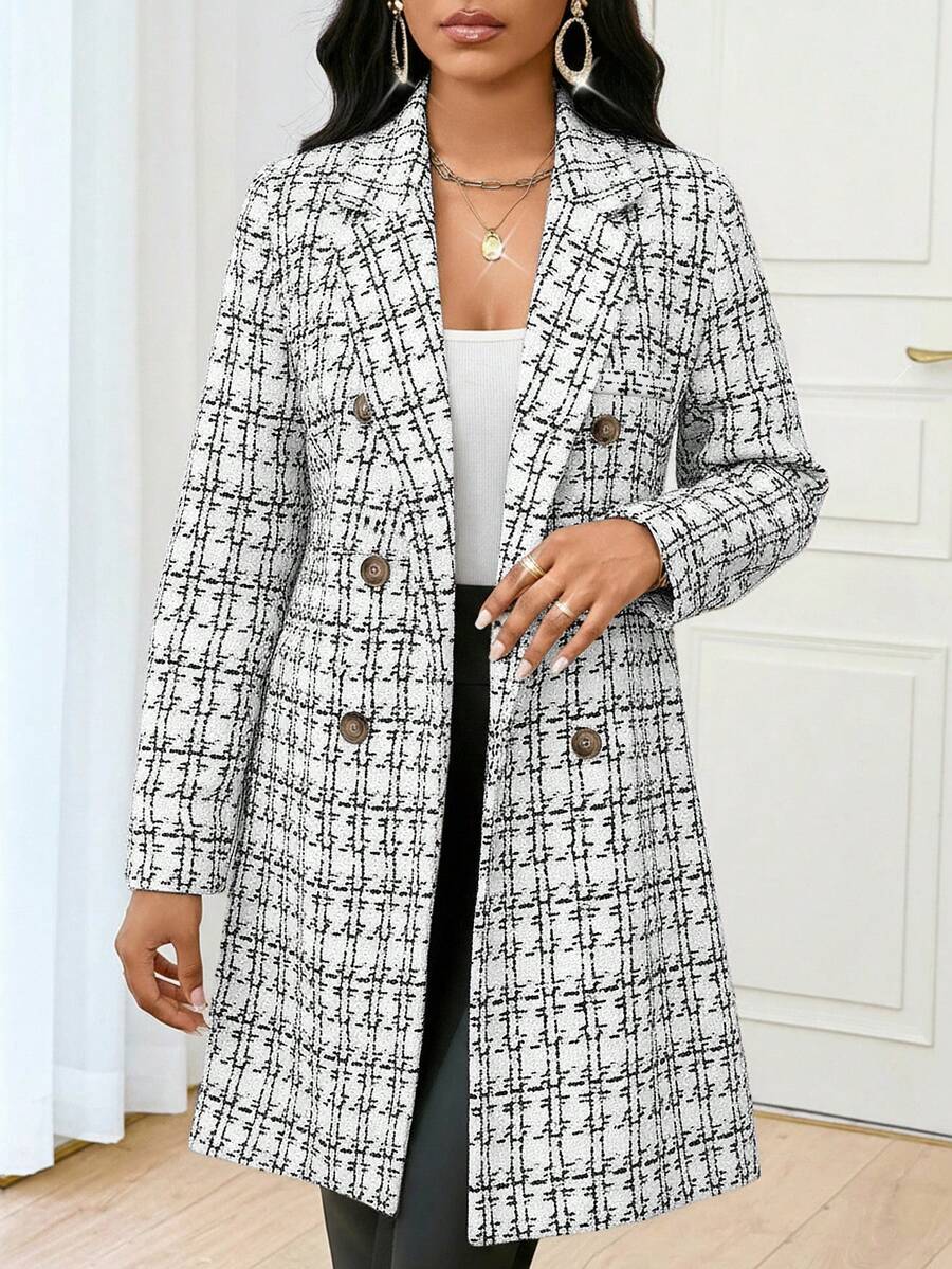 SHEIN Lady 大码秋冬优雅通勤办公白色格子针织翻领纽扣长袖外套 春假 - 白色 - 查看 1
