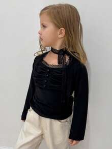 DAZY Young Girl Solid Color Lace Patchwork Ruffle Button Design Long Sleeve T-Shirt - Black - View 1