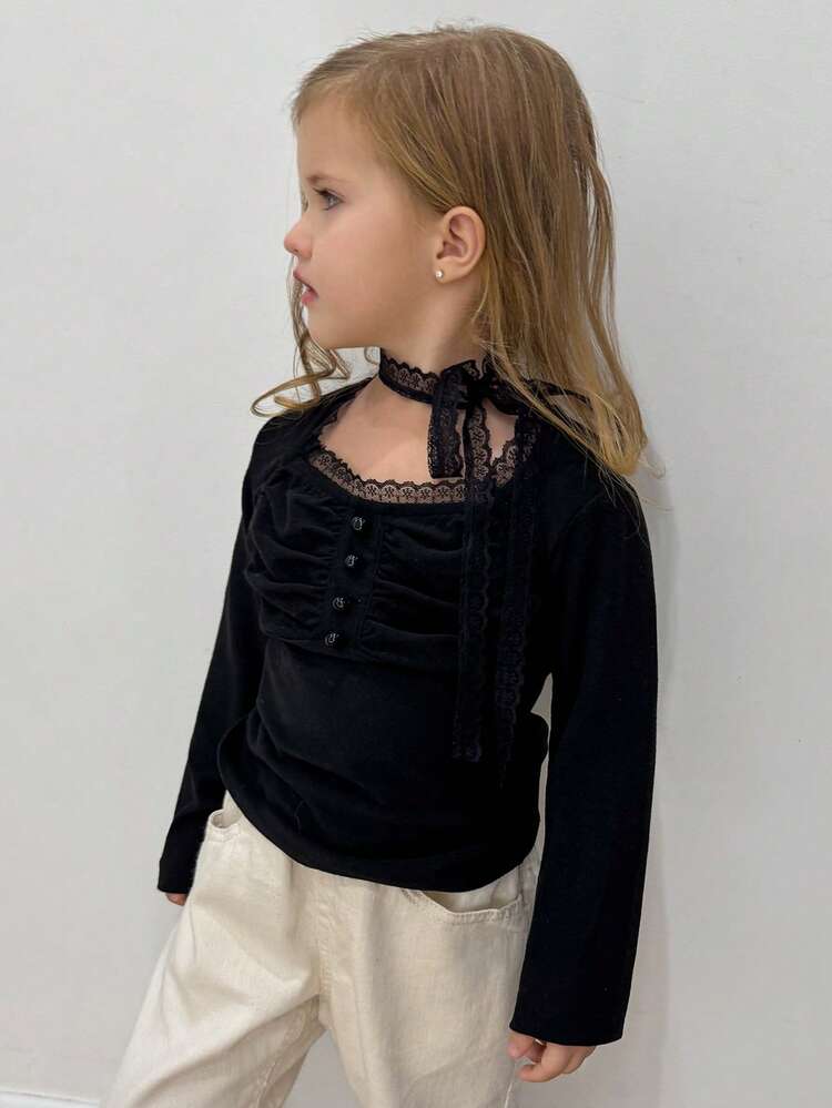 Young Girl Solid Color Lace Patchwork Ruffle Button Design Long Sleeve T-Shirt