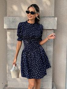 Pariaura Women's Casual Polka Dot Print Cinched Waist Summer Dress Polkadot Dress - Black - View 1