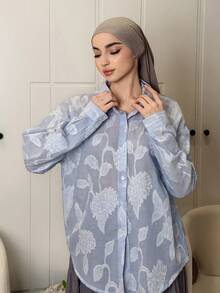 DAZY Loose Fit Striped Color Block Textured Floral Pleated Long Sleeve Casual Business Shirt For Women, Suitable For Autumn & Spring - Blue - View 10