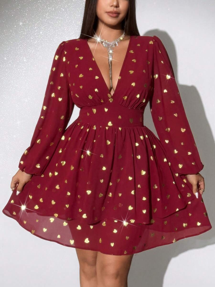 Viva Relle Romantisches A-Linien-Kleid mit V-Ausschnitt und Langarm, herzförmiges süßes Outfit für Dates, Große Größen, Frühling/Herbst - Bordeaux - Übersicht 1
