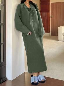 DAZY Women's Simple Solid Color Tie Collar Loose Knit Long Dress Loungewear, Winter