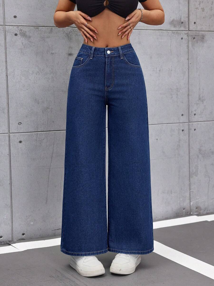 SHEIN Tall Women's Casual Commuting Washed Wide-Leg Jeans - Blue - View 1