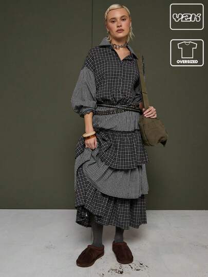 COUREZ Spliced Check Oversized Long Sleeve Shirt/ Y2K Fall Winter Clothes For Women Black Shirt Going Out Tops Party Outfit New Years