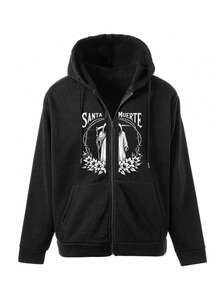 Hombre005 Sudadera con Capucha Hombre Chaqueta Cremallera Nueva Colección, Diseño Trendy y Versátil, Envío desde México Sudadera de capucha con cremallera negra con un diseño blanco que incluye imágenes de figuras y flores, con la leyenda "SANTA MUERTE" - Negro - Ver 1