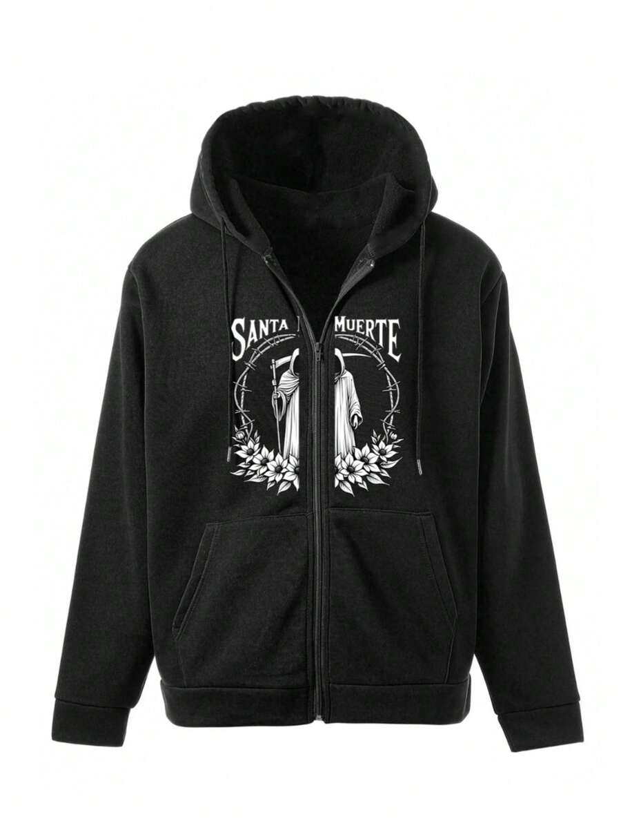 Hombre005 Sudadera con Capucha Hombre Chaqueta Cremallera Nueva Colección, Diseño Trendy y Versátil, Envío desde México Sudadera de capucha con cremallera negra con un diseño blanco que incluye imágenes de figuras y flores, con la leyenda "SANTA MUERTE" - Negro - Ver 1