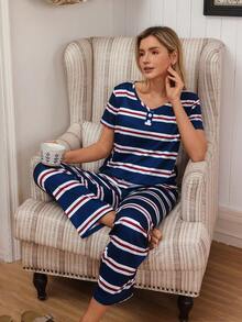 SHEIN Women's Navy, Red & White Striped V-Neck Faux Placket Short Sleeve Loose Casual Pajama Set - Navy Blue - View 6