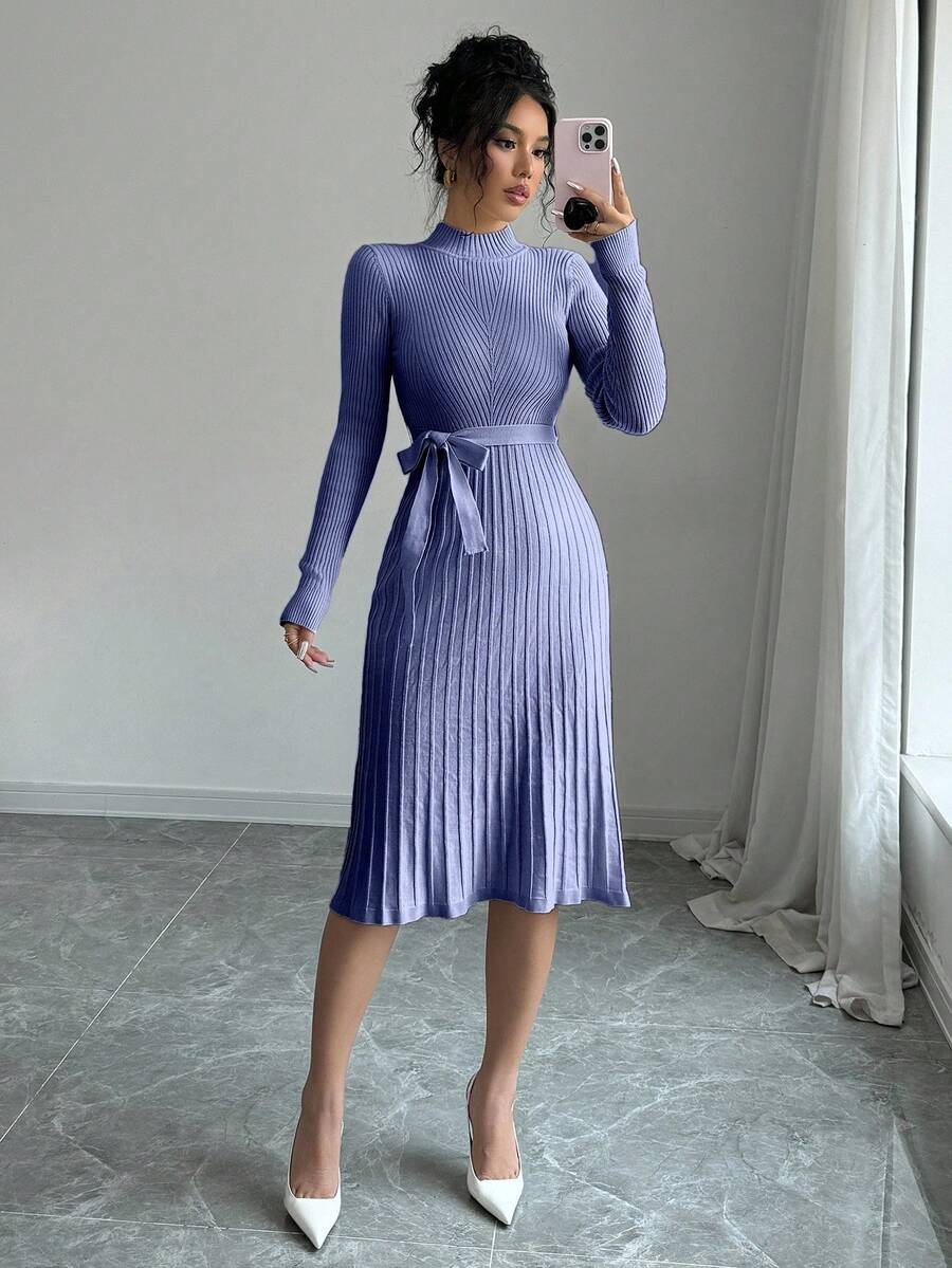 Selianne 女士优雅纯色罗纹针织连衣裙，秋季 - 淺藍色 - 查看 1