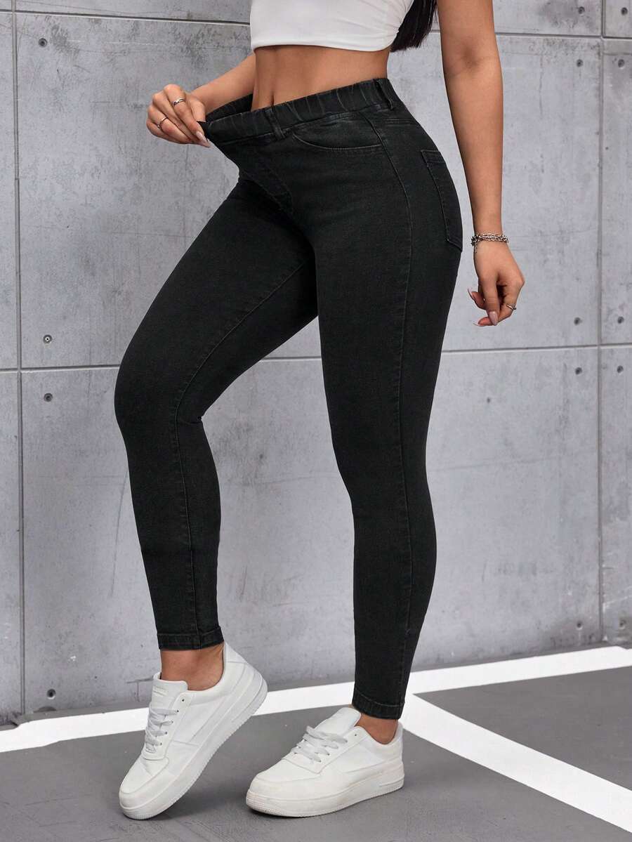 SHEIN Tall Women's Solid Color Minimalist Everyday Jeans, Tall Women - Black - View 1