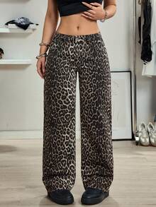 SHEIN Tall Tall Fashion Low Waist Leopard Print Washed Straight Leg Jeans - Multicolor - View 1