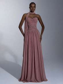 Elitara 优雅深灰紫色雪纺无肩带褶皱不对称扭结长款连衣裙，配有可调节系带腰带（可拆卸挂脖），适合所有正式场合，正式晚礼服