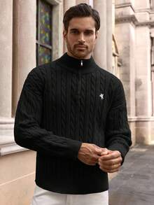 HIMLAND Men's Autumn/Winter Zipper Half-Open Chest Drawstring Fashionable Knitted Crew Neck Pullover Sweater, Casual Black Sweater Men Cable Knit Sweater Men Mens Sweaters Quarter Zip Sweater Men Polo Sweater