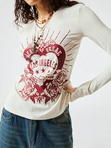 SoleilVie 春夏新款字母印花圆领休闲百搭长袖T恤，复古风，热转印爱心纹理面料，通勤百搭，柔软亲肤面料，适合户外穿着，新款女式上衣，新款女士红色T恤，女士印花T恤，情人节长袖T恤，女士印花T恤 - 米色 - 查看 4