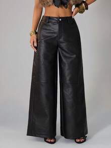 SHEIN PETITE 仿皮阔腿中腰裤 性感外出 秋季 夜晚 冬季 可爱 街头风 感恩节 - 黑色 - 查看 9