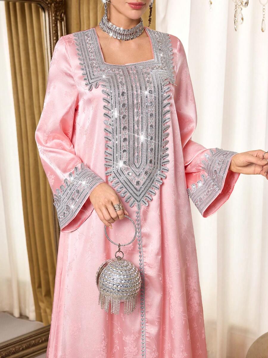 Al Najma 女士优雅亮片装饰土耳其长裙和阿拉伯传统长袍 - 杏色 - 查看 1