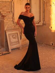 Glamrae 优雅奢华黑色梭织弹力露肩工艺手工镶嵌水钻美人鱼裙摆正式晚礼服，适合鸡尾酒会、商务活动、私人下午茶、生日、节日、婚礼宾客等场合。 - 黑色 - 查看 5