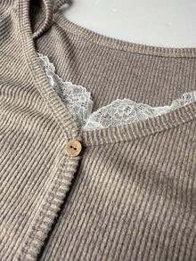 Lazeform 柔软亲肤罗纹针织蕾丝肩带装饰纽扣休闲睡衣套装 - 咖啡棕 - 查看 6