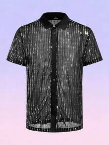 FeverCity Men's Short Sleeve Front Button Fashionable Summer Shirt - Black - View 3