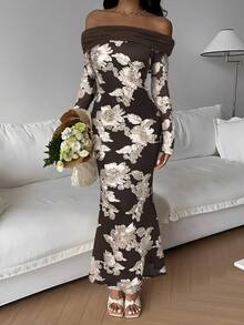 Serisse 女士碎花露肩修身中长连衣裙，长袖 - 棕色 - 查看 7