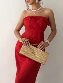 Rafferiza 女士长款无肩带连衣裙，正面饰有荷叶边，侧边有褶裥，适合日常通勤、优雅派对、情人节、情侣约会、新年假期等场合。 - 紅色 - 查看 3