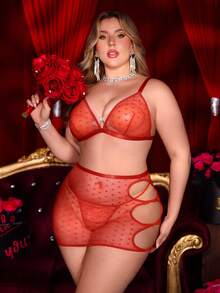 SHEIN 3pcs Plus Size Lace Sexy Lingerie Set - Red - View 5