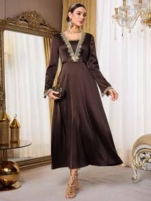 Al Najma Women's Elegant Waist Tie Arabic Style Dress - Brown - View 3