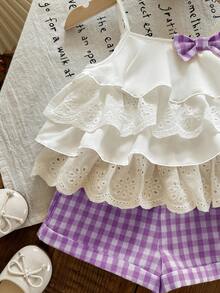Conjunto de top de tirantes con volantes y shorts a cuadros para niña, estilo lindo y de vacaciones de verano - Morado - Ver 4