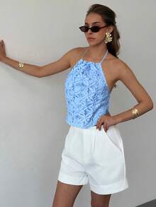 Aloruh Top halter con espalda descubierta y nudo delantero, de unicolor y estilo jacquard, casual y sexy para vacaciones, de verano - Celeste - Ver 7