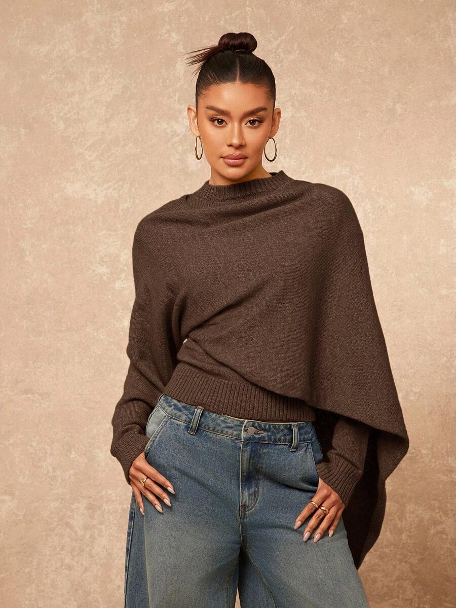 Lumalex Women's Turtleneck Cinched Waist Fitted Long Sleeve Sweater - Coffee Brown - View 1