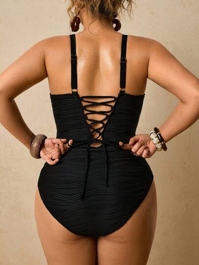 Travachic Plus Size Women's Black Wave Textured One-Piece Swimsuit With Tummy Control Tie-Back Spring Outfit Women Summer Holiday Outfits Beach Outfit For Women Vacation Outfits Tummy Control Push-Up Monokini One-Piece Swimsuit