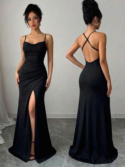 Mujer Vestido Longo Estilo Elegante-Vanguardista con Tirantes Delgados Corte Ajustado Fendido Lateral Tela Seda-Like Temporada Primavera-Verano Uso Eventos Informales,Vestido largo, noche, gala, elegante, graduación, boda, pierna abierta