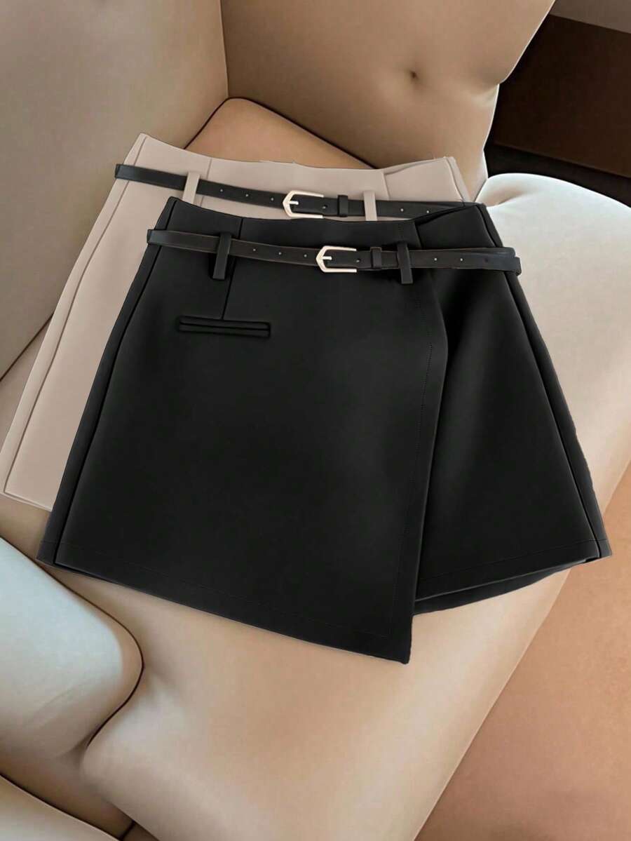 SHEIN Clasi 大码女式短裙，优雅休闲通勤百搭性感迷你短裤，黑色 - 黑色 - 查看 1