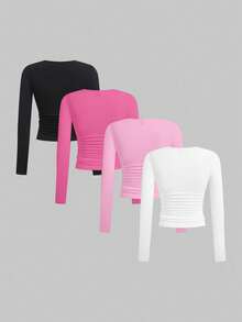 SHEIN EZwear 休闲百搭多色针织女式修身T恤多件装上衣 女式露脐上衣 长袖露脐上衣 女式长袖上衣 紧身上衣 女式露脐上衣 女式长袖上衣 - 玫紅色 - 查看 2