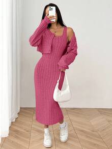 SHEIN EZwear Bộ đồ nữ mùa thu mới gồm áo khoác dệt kim gân, tay rớt, cài cúc phía trước và váy ôm sát dài đến đầu gối. - Màu Hồng Tươi - Xem 6