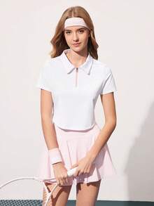 Áo Polo nữ tay ngắn màu trơn Courtclass - Áo thể thao phối màu cổ kéo khóa nửa thân, thích hợp cho tennis, golf, tập luyện, chạy bộ và thể dục. - trắng - Xem 8
