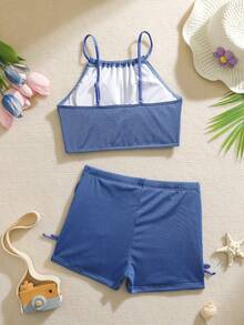 Tween Girls' Simple Solid Color Ruched Twist Tankini Swimsuit Set, Summer Beach Vacation - Baby Blue - View 2