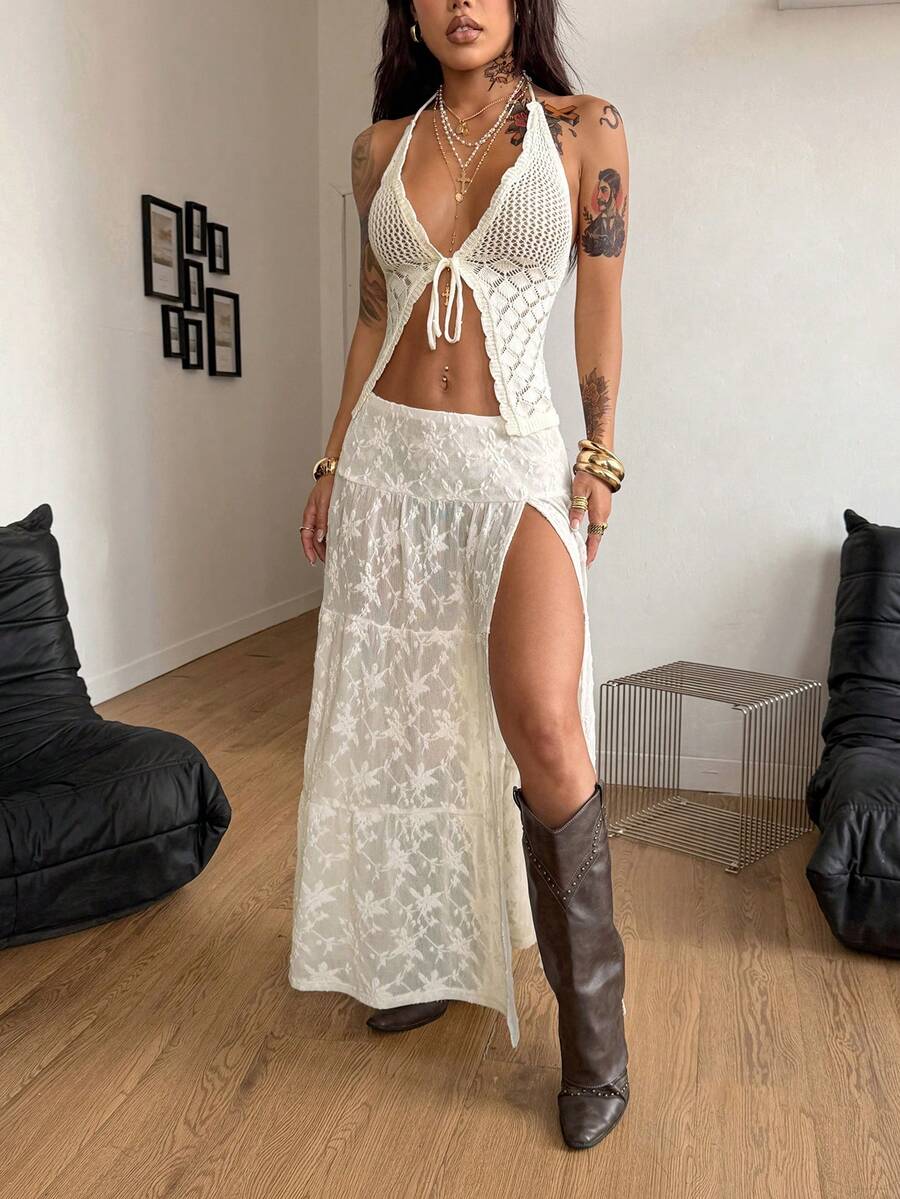 Coolane Women's Summer Festival Vacation Outfits For Women Beach Outfits  Jacquard Side Slit Hem Fashionable Sexy White Skirt - Apricot - View 1