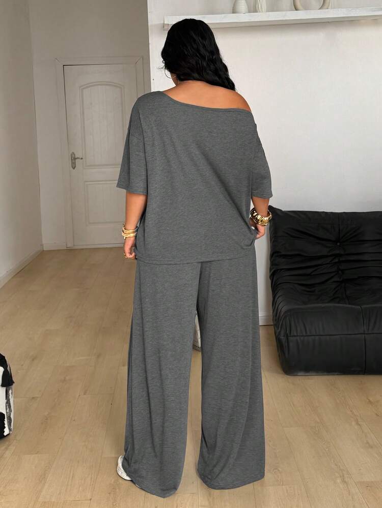 Coolane Conjunto de dos piezas de camiseta hombros descubiertos y pantalón ancho de chándal para mujer talla grande, minimalista, ropa de calle, uso diario, salir, deporte, cómodo - Gris - Añade 5