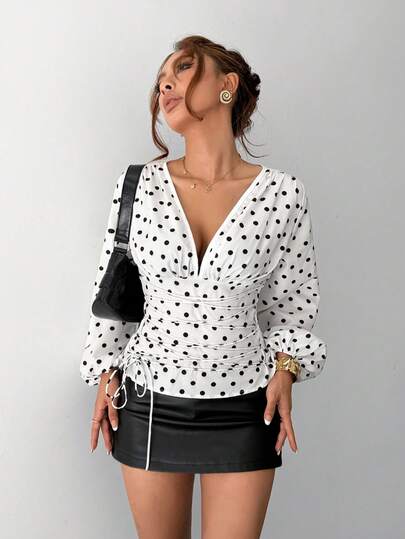 Islaluna Women's Elegant Deep V-Neck Polka Dot Print Tie-Waist Lantern Sleeve Long Sleeve Blouse