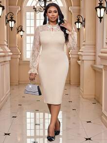 Fleurora 秋冬优雅通勤办公黑色针织系领铅笔荷叶袖撞色蕾丝中长长袖大码连衣裙 - 卡其色 - 查看 5