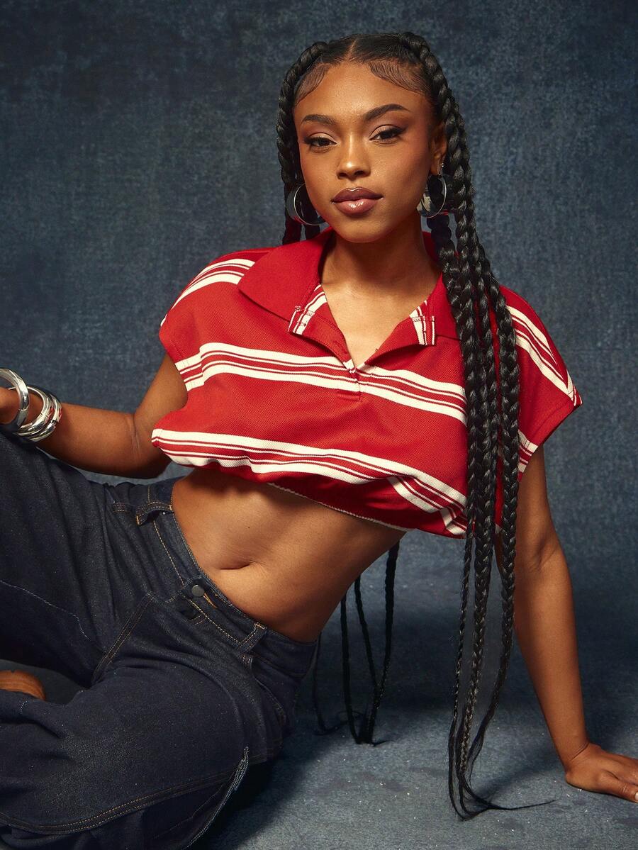 Denimoi Áo polo ngắn tay kẻ sọc, phong cách đường phố thời trang, áo crop top gợi cảm. - Đỏ và trắng - Xem 1