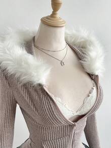 Elamini 女士白色针织抓绒罗纹仿毛领长袖修身短款拉链连帽卫衣，休闲、运动、百搭，适合通勤、上学、日常穿着、约会以及秋冬季穿着。 - 粉色 - 查看 6