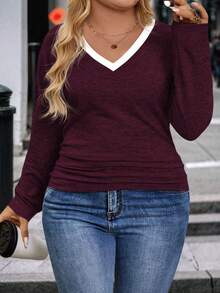 EMERY ROSE 女士秋冬新款撞色V领弹力侧边加大码T恤 - 酒紅色 - 查看 1