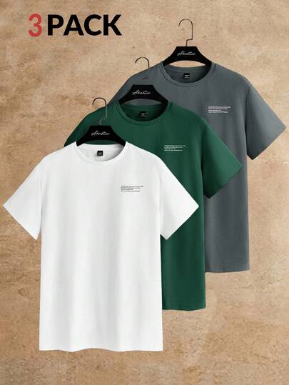 HIMLAND Set de 3 camisetas de manga corta con cuello redondo y estampado de eslogan, casuales y versátiles para el trabajo y las vacaciones, para hombres
